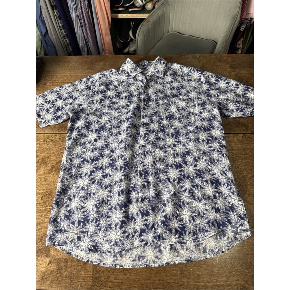 Peter Millar Men M Crown 100% Linen Shirt Short Sleeve Blue Key Cove Palm‎ Tree